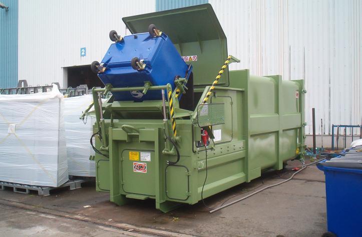 Conteneur de compactage avec dispositif de basculement et couvercle en acier l Toel Recycling AG